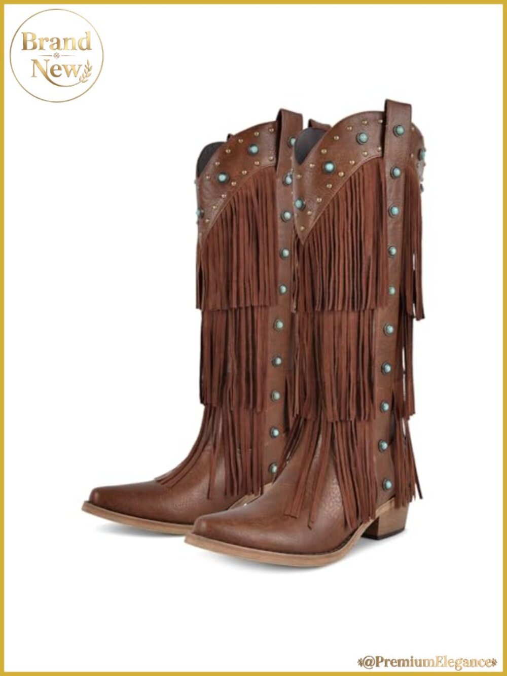 Fringe Western Cowboy Boots Chunky Heel Knee High Tassel Turquoise Studs Retro